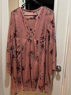 Sequin Hearts - Pink Flowy Flared Sleeve CottagecoreFloral Dress Midi Sz- Large